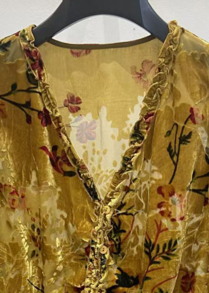 Yellow V Neck Ruffled Button Silk Velour Shirt Fall