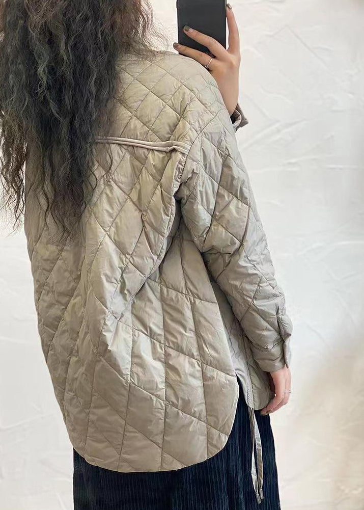 Grey Peter Pan Collar Lace Up Patchwork Duck Down Coat Winter