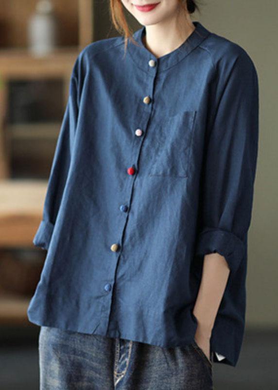 Modern White-purple Flower Loose Patchwork Pockets Spring Long Sleeve Blouse Top