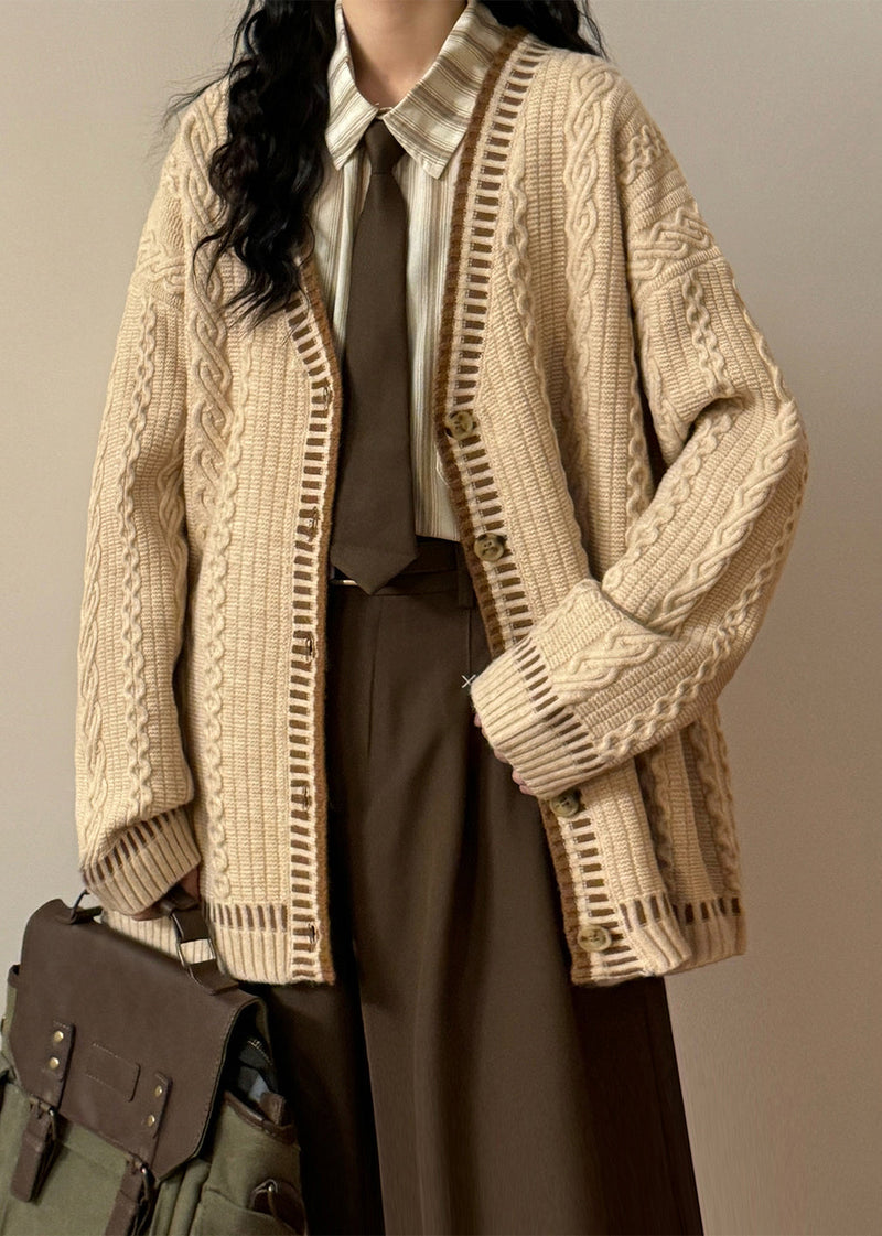 Coffee V Neck Button Cozy Cable Knit Coats Spring