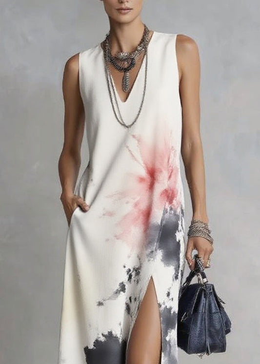 White V Neck Tie Dye Maxi Dresses Sleeveless