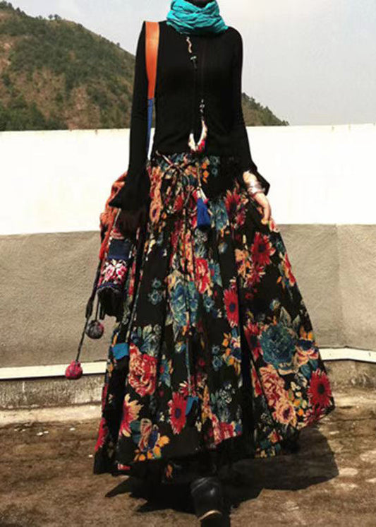 Black Wrinkled Asymmetrical Print Cotton Skirts Spring