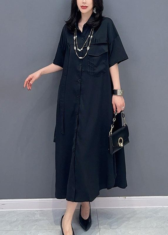 Style Black Peter Pan Collar Button Maxi Shirts Dress Summer