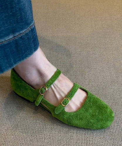 Buckle Strap Splicing Flat Feet Shoes Green Suede