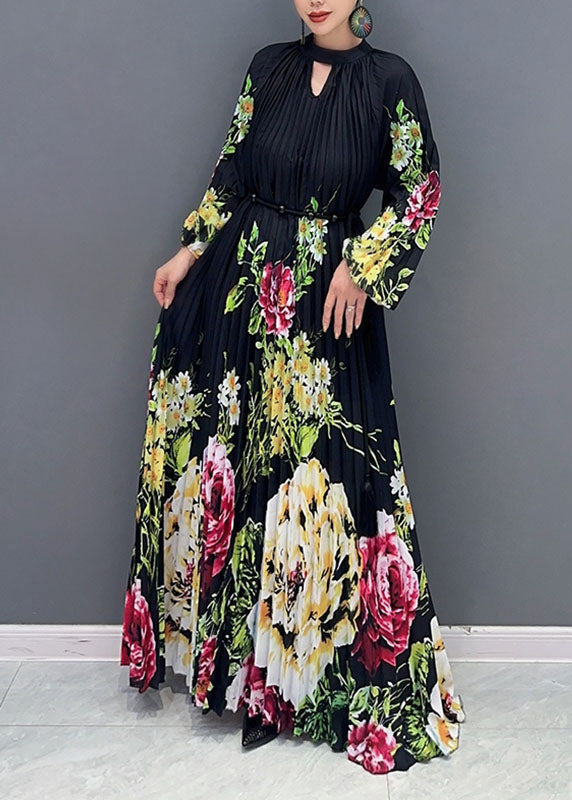 Black O-neck Print Wrinkled Long Dress Long Sleeve