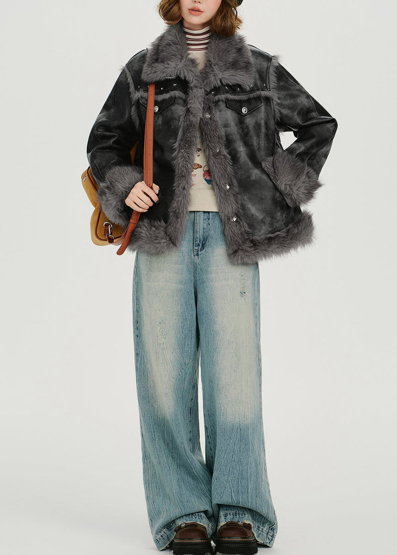 Grey Oversized Tie Dye Faux Leather Jackets Winter
