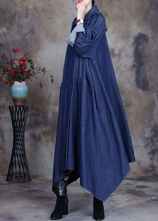Blue Asymmetrical Design Button Peter Pan Collar Cotton Denim Trench Coats Spring