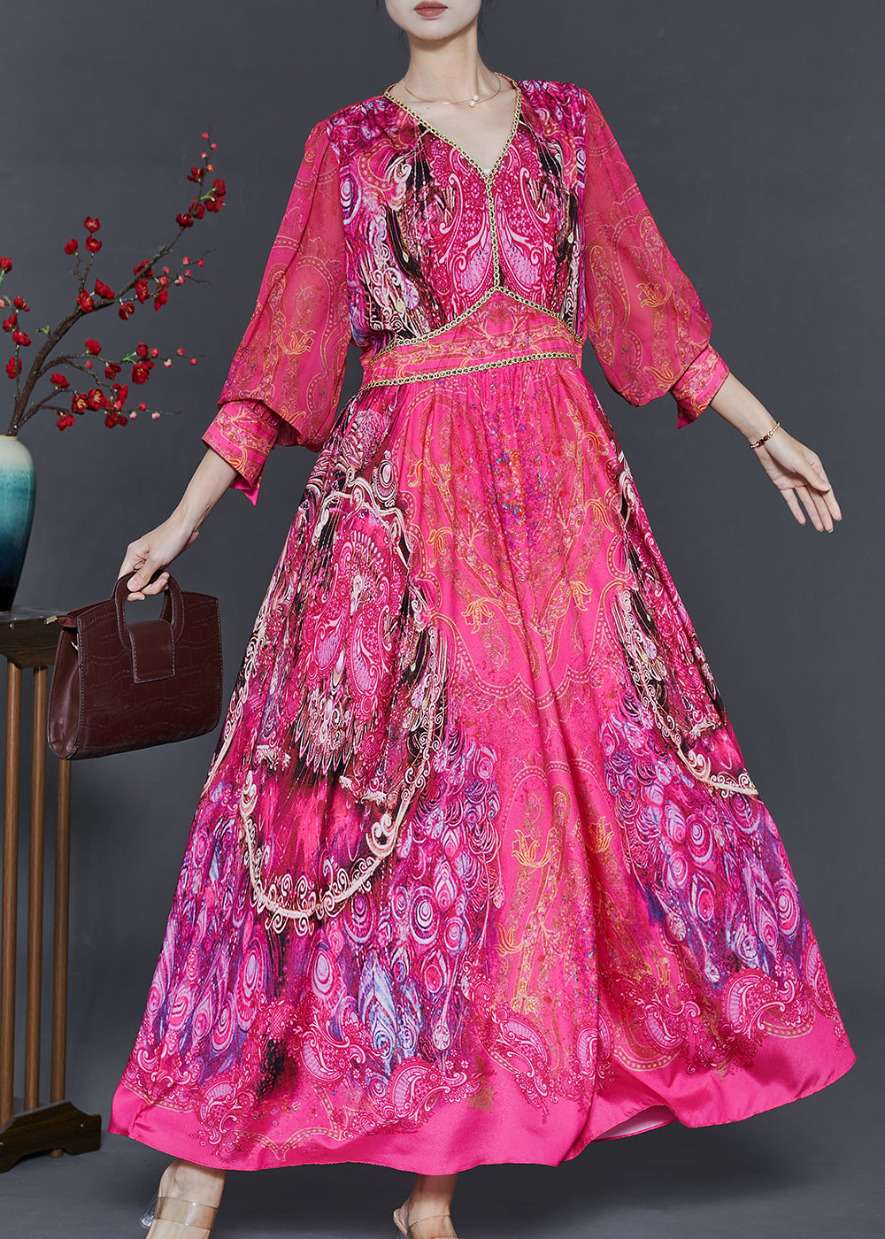 Rose V Neck Print Chiffon Style Dress Fall
