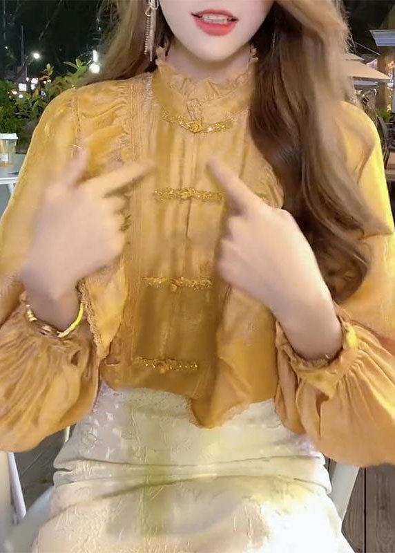 Organic Yellow Stand Collar Button Ruffled Tops Lantern Sleeve