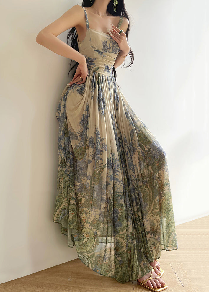 New Blue Wrinkled Print Tulle Spaghetti Strap Dress Sleeveless Summer