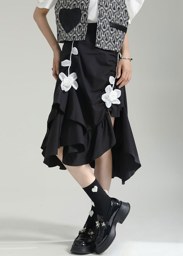 Black Wrinkled Asymmetrical Patchwork Cotton Skirt Fall