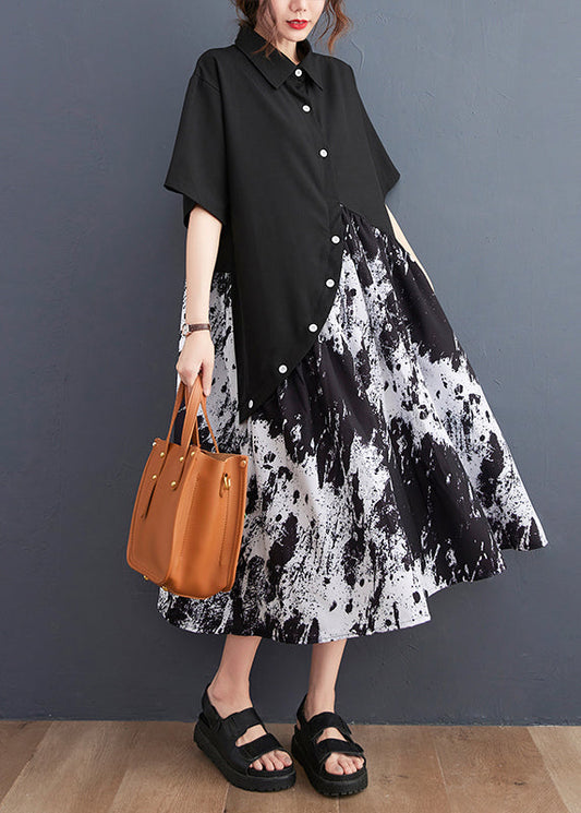 Black Peter Pan Collar Button Asymmetrical Print Shirt Dress Short Sleeve