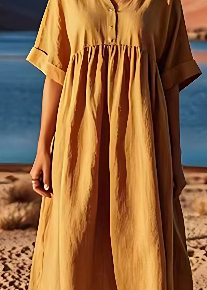 Yellow V Neck Wrinkled Patchwork Linen Dresses Summer