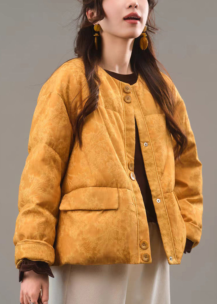 Jacqua Yellow O-neck Button Pockets Down Coat Winter