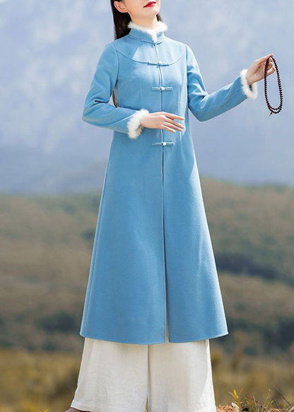Unique Blue Patchwork Chinese Button Woolen Coat and Pants Two Pieces Set Spring
