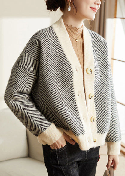 Striped V Neck Button Patchwork Knit Coats Fall