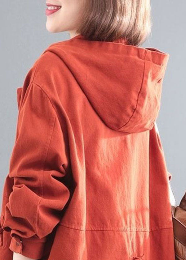 Orange Hooded Chinese Button Denim Coat Long Sleeve Spring
