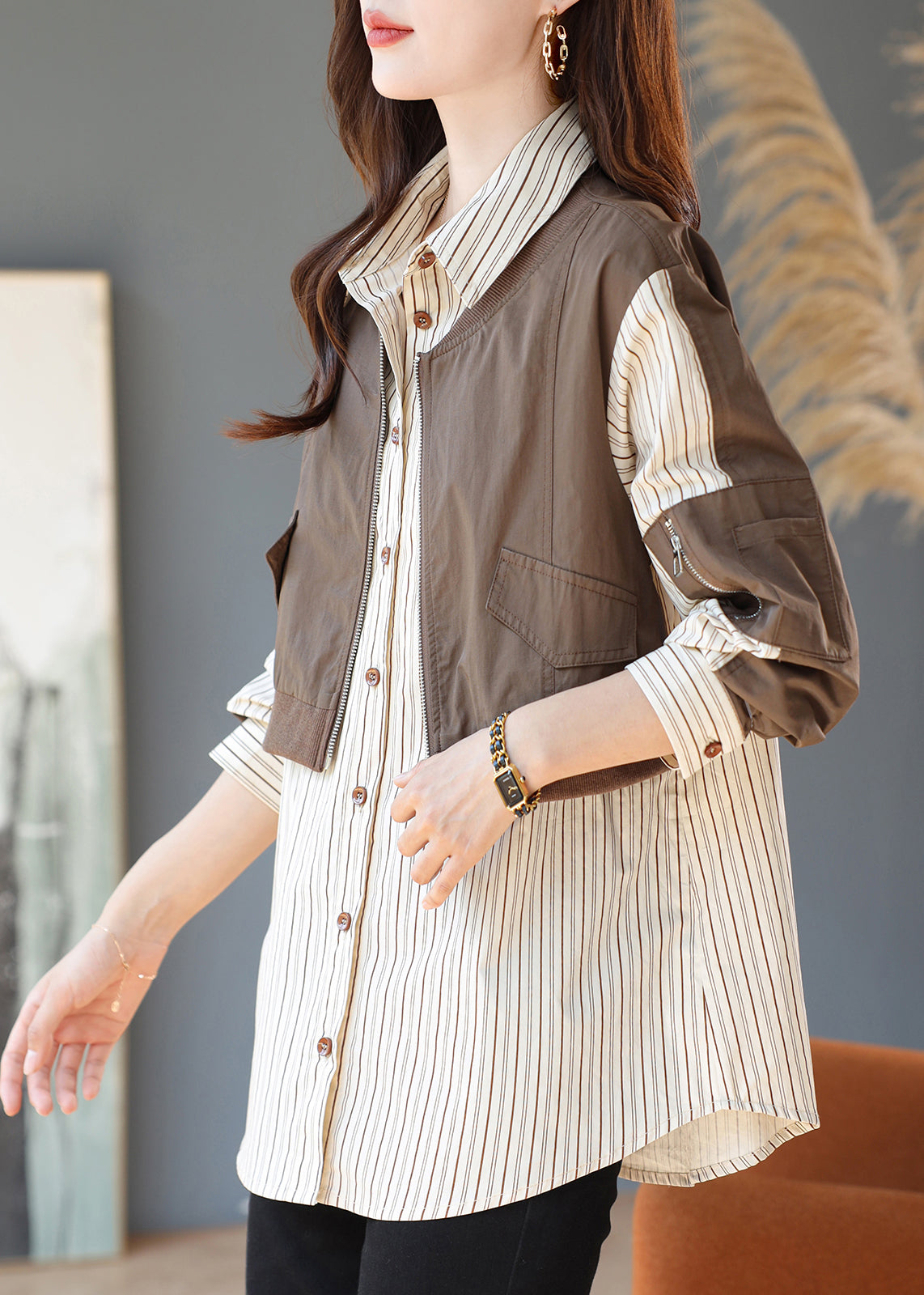 Khaki Striped Patchwork Cotton Fake Two Piece Shirt Top Spring