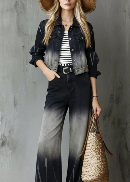 Gradient Color Peter Pan Collar Denim Two Pieces Set Spring
