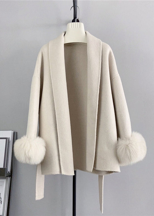 Beige Tie Waist Fox Patchwork Woolen Coats Winter