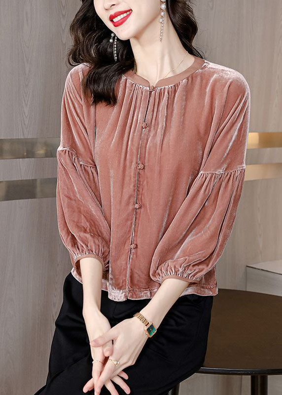 Orange O-neck Patchwork Silk Velour Shirts Bracelet Sleeve