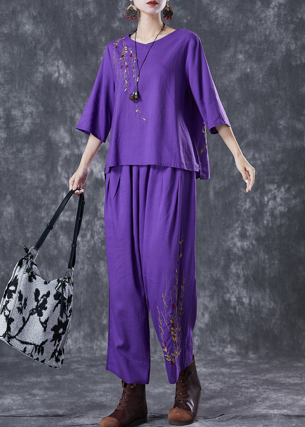 Purple Embroideried Linen Two Pieces Set Summer