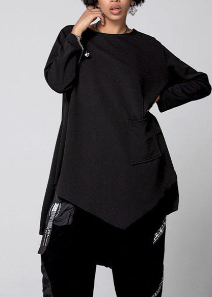 Black Asymmetrical Pockets Cotton Shirt Spring