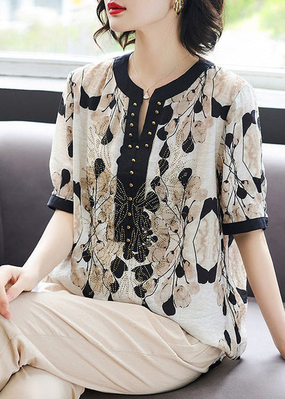 Black V Neck Print Rivet Chiffon Tops Summer