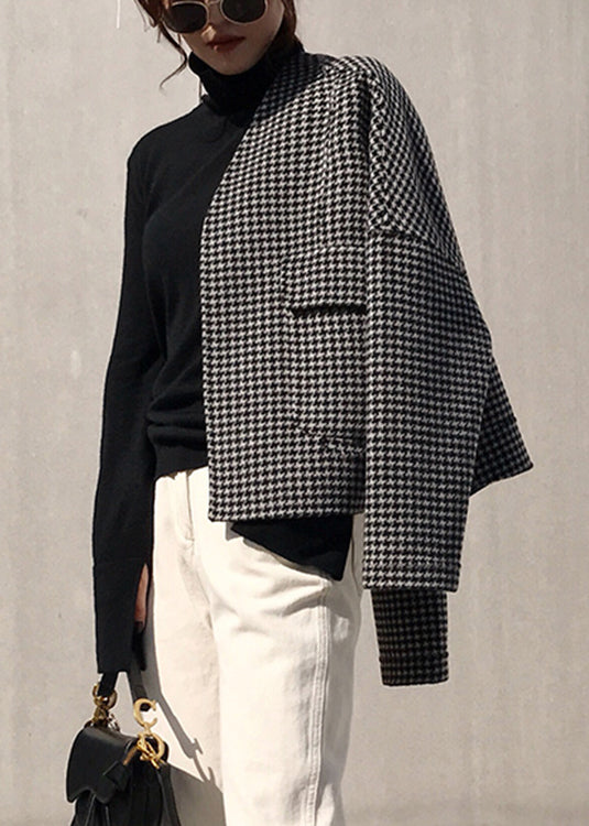 Vogue Black Notched Plaid Pockets Cashmere Coat Long Sleeve Fall