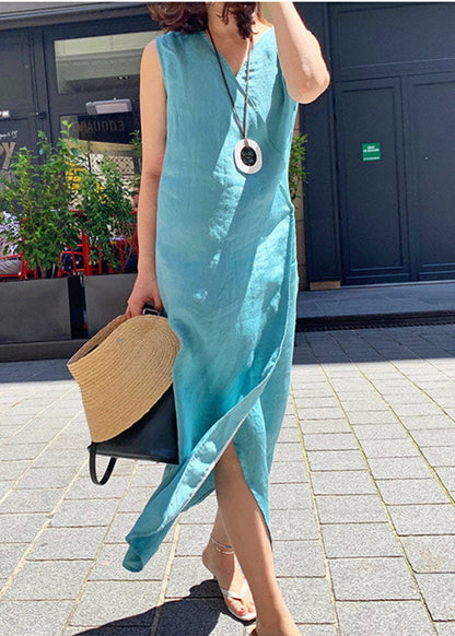 Blue Side Open Linen Long Dress Sleeveless
