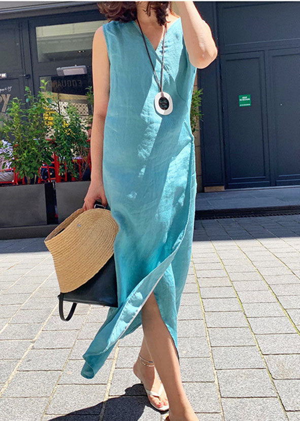 Blue Side Open Linen Long Dress Sleeveless