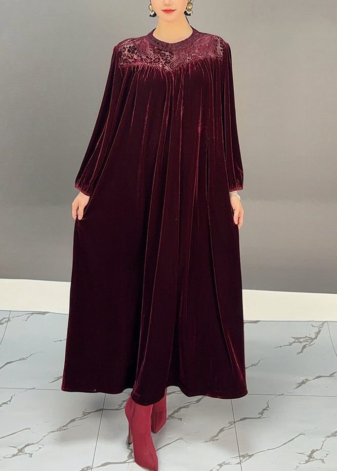 Purple O-neck Wrinkled Silk Velour Maxi Dresses Winter