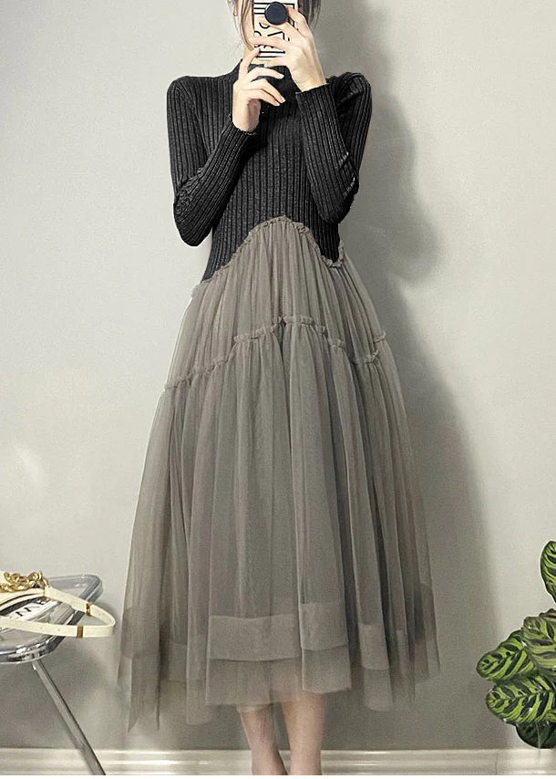 Black Asymmetrical Tulle Patchwork Long Dresses Fall
