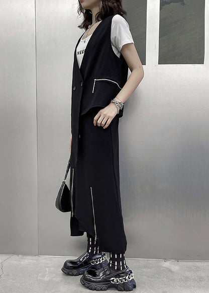Unique Black Asymmetrical Patchwork Waistcoat and Skirts Cotton Two Pieces Set Sleeveless