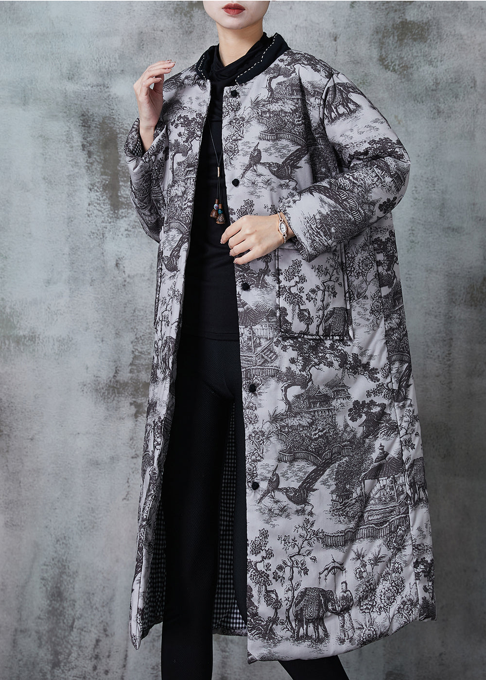 Grey Print Pockets Fine Cotton Filled Coats Winter