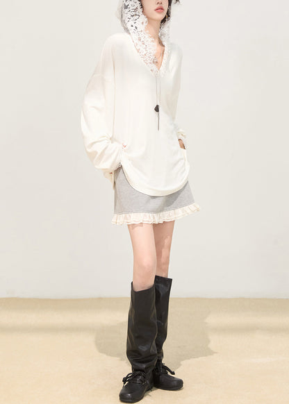 White Hooded Patchwork Lace Cotton Pullover Sweatshirt Spring