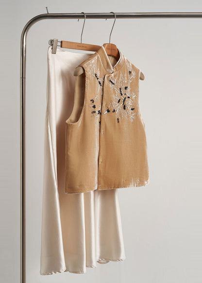 Yellow Embroidered Nail Bead Silk Velour Vests Fall