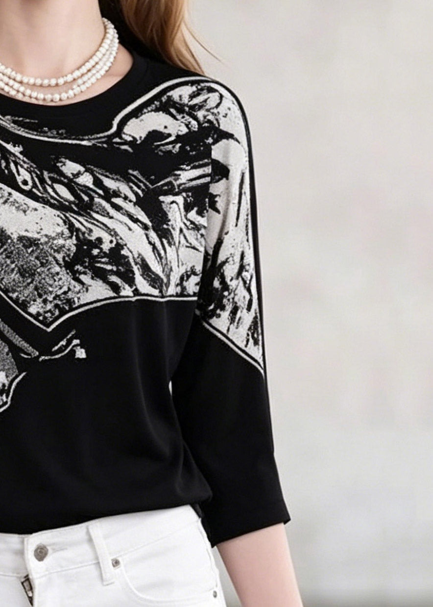 Black O-neck Print Knit Tops Three Quarter Sleeve