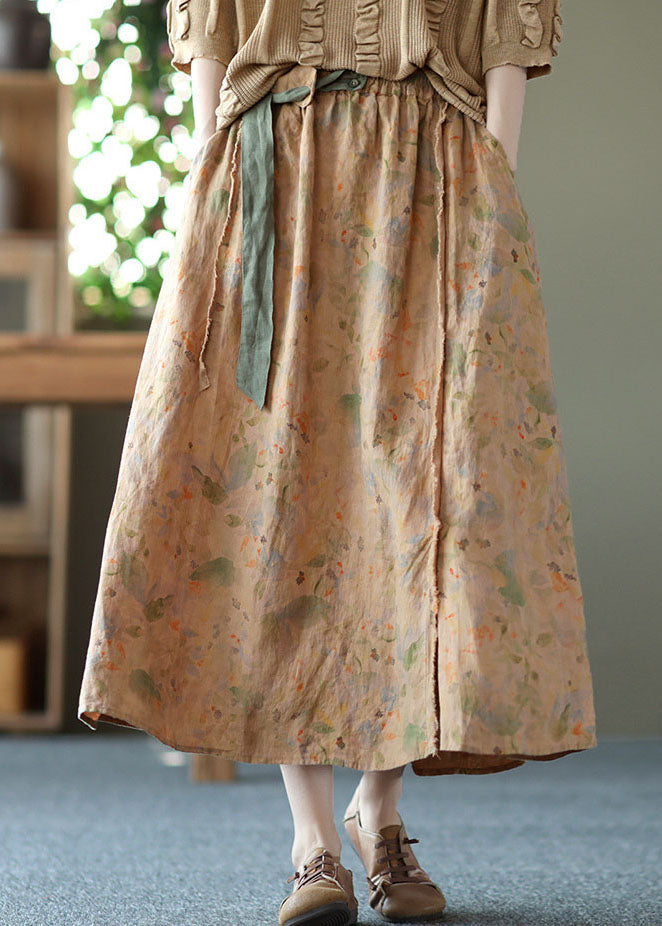 Khaki Patchwork Sashes Linen Skirt Summer