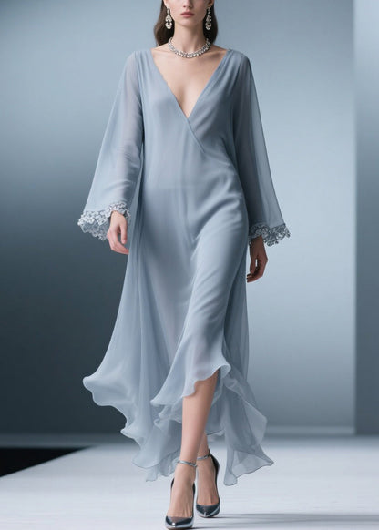 Blue V Neck Lace Chiffon Long Dress Spring