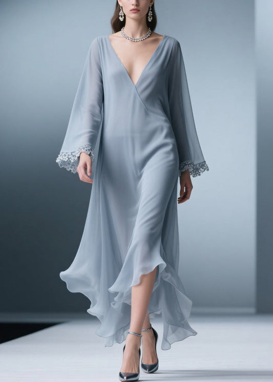Blue V Neck Lace Chiffon Long Dress Spring