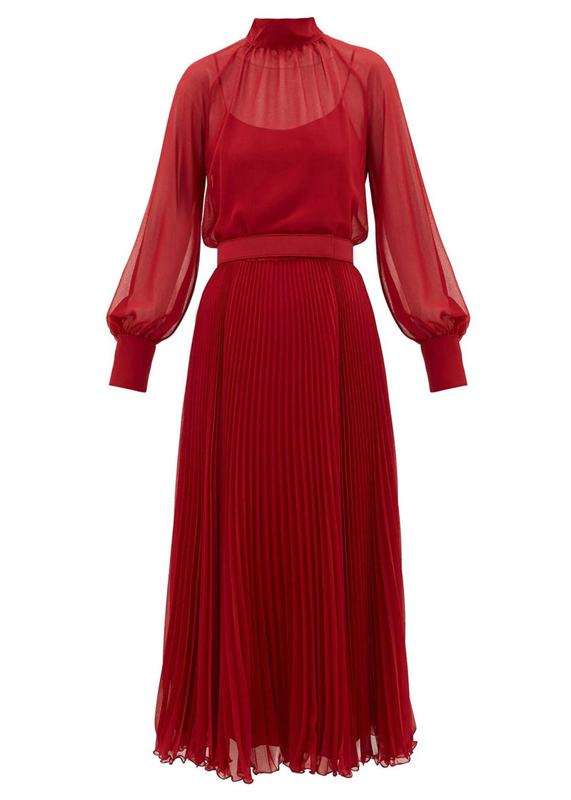Red Wrinkled Lace Up False Two Pieces Chiffon Dress Fall