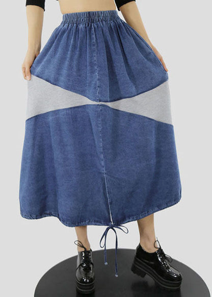Blue White Elastic Waist Drawstring Patchwork Denim Skirt Spring