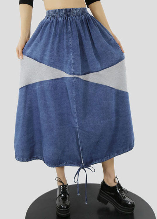 Blue White Elastic Waist Drawstring Patchwork Denim Skirt Spring
