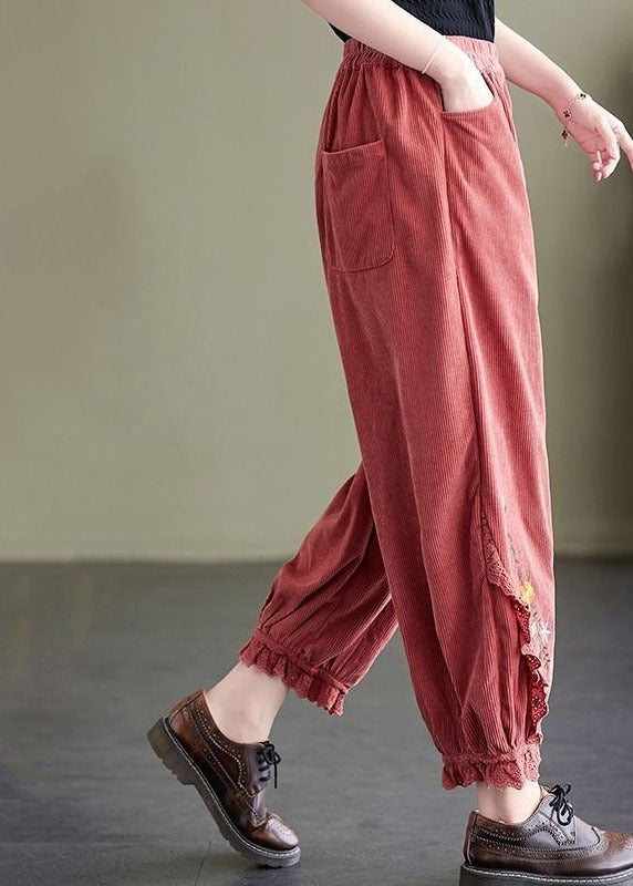 Diy Pink Elastic Waist Embroideried Warm Fleece Corduroy Harem Pants Spring