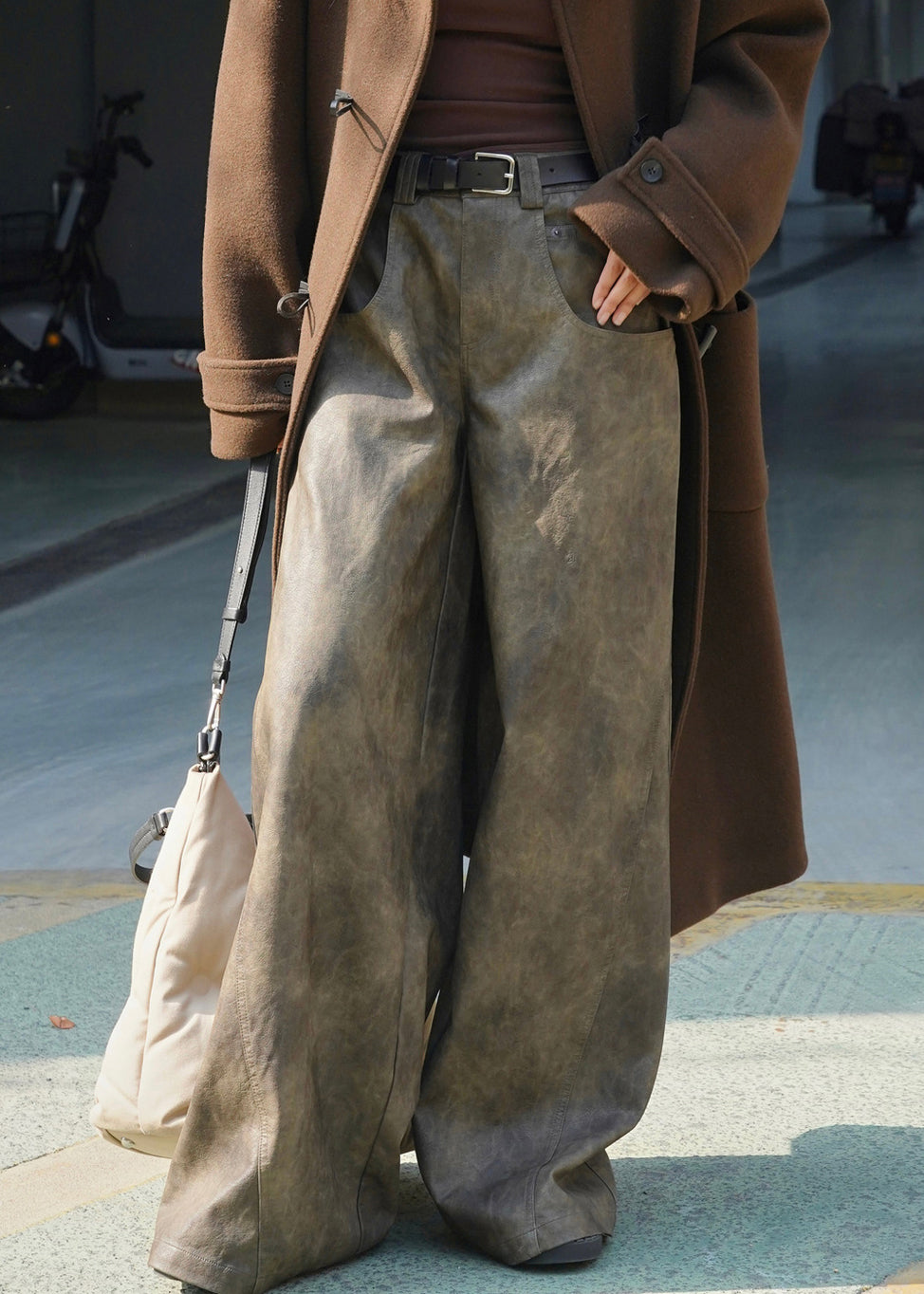 Coffee Pockets High Waist Faux Leather Wide Leg Pants Spring