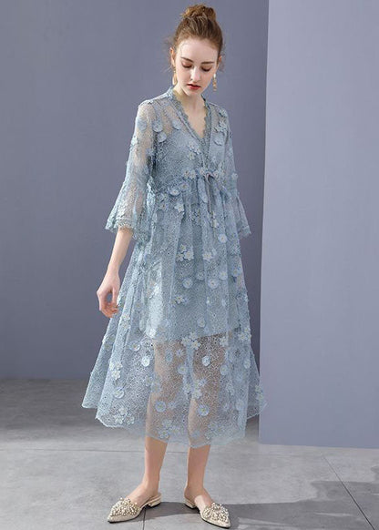 Simple Blue Embroideried Hollow Out Lace Dress Flare Sleeve