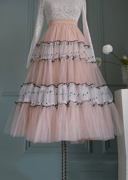Art Pink Ruffled Elastic Waist Patchwork Tulle Skirts Summer