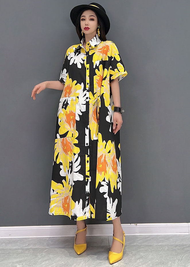 Yellow Peter Pan Collar Daisy Print Chiffon Holiday Dress Short Sleeve