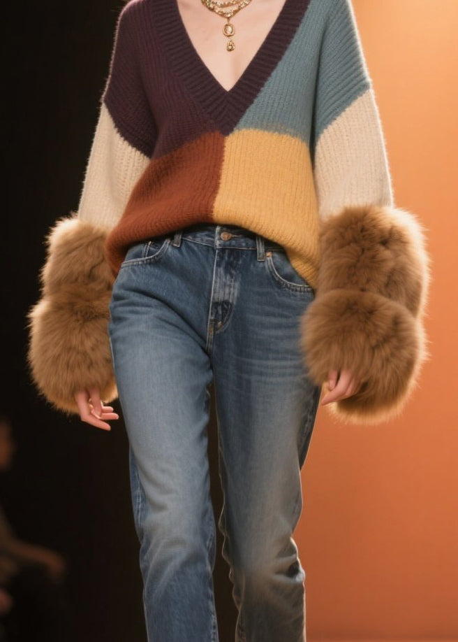 Colorblock V Neck Fuzzy Fur Fluffy Patchwork Knit Sweaters Fall